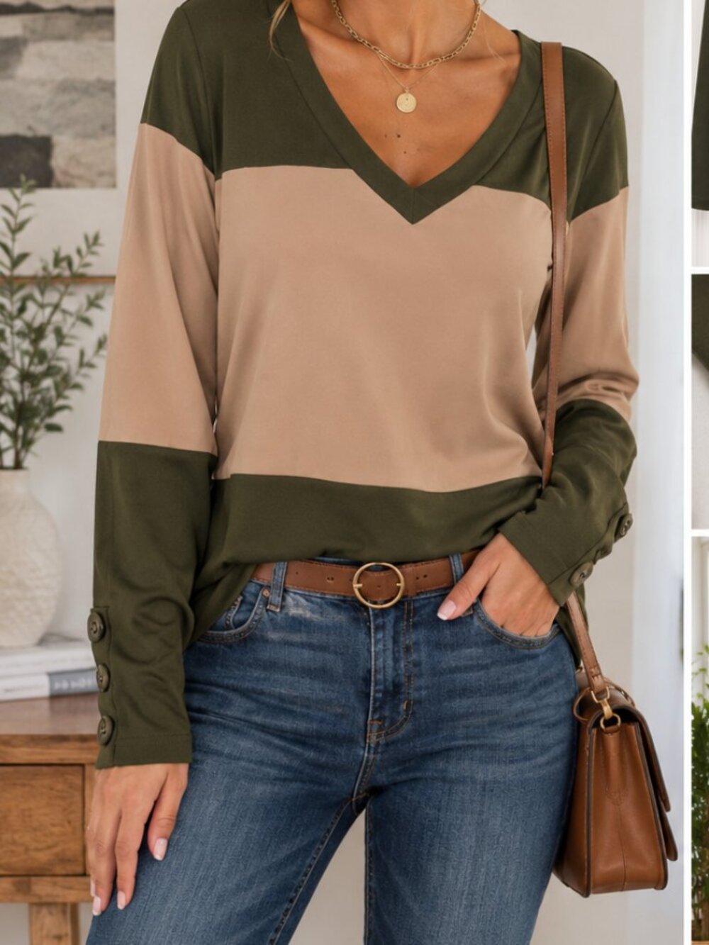 Olive Green Beige Colorblock V Neck Long Sleeve Blouse Button Cuff Top